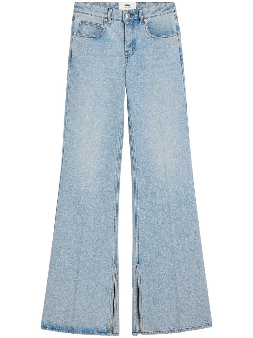Ami Paris Blue Flared-Leg Slit Hem Cotton Jeans