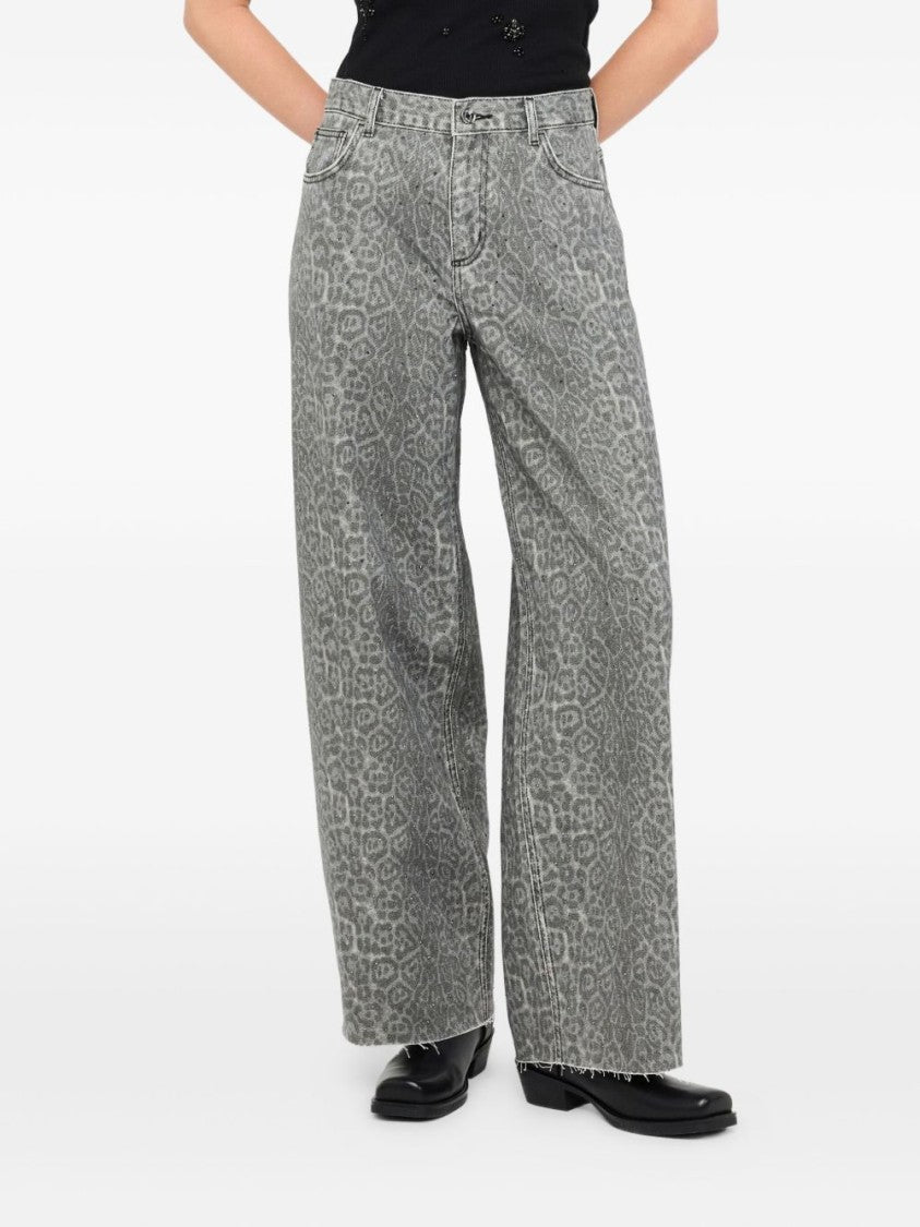 Liu Jo Wide-Leg Gray Trousers With Subtle Leopard Print