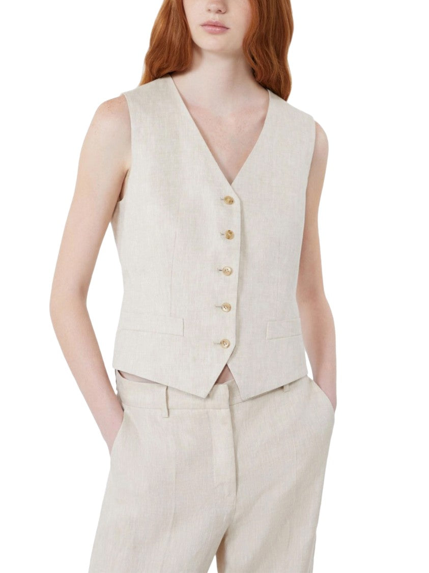 Max Mara Beige Linen Gilet With Button-Down Front