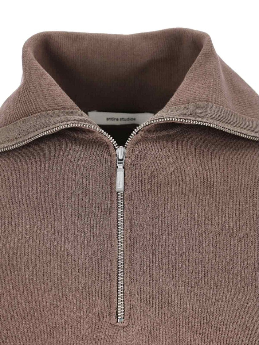 Entire Studios High-Collar Brown Cotton Zip Sweater