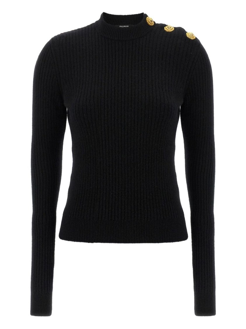 Balmain Black Ribbed Lion Head Button Sweater