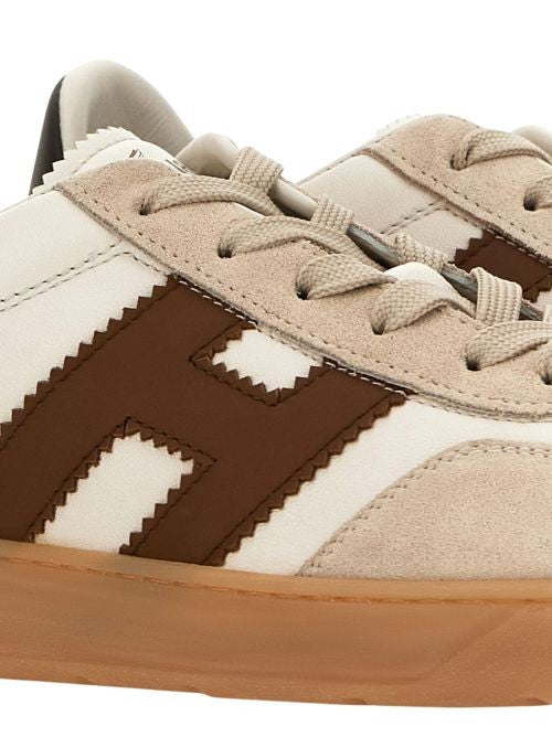 Hogan Light Beige Leather Sneakers With Appliqué Logo