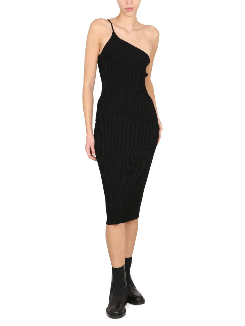 Helmut Lang Asymmetrical One-Shoulder Black Midi Dress
