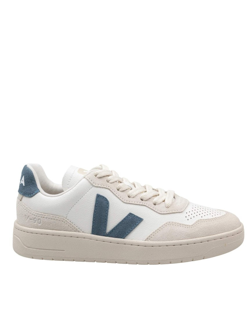 Veja V-90 Leather Sneakers, White And Light Blue