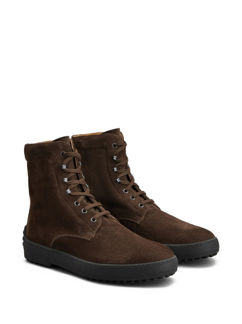 Tod's Ankle-High Brown Suede Lace-Up Boots With Rubber Sole