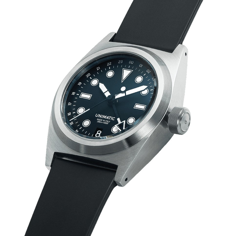Unimatic Black Dial Wristwatch With Stainless Steel Case