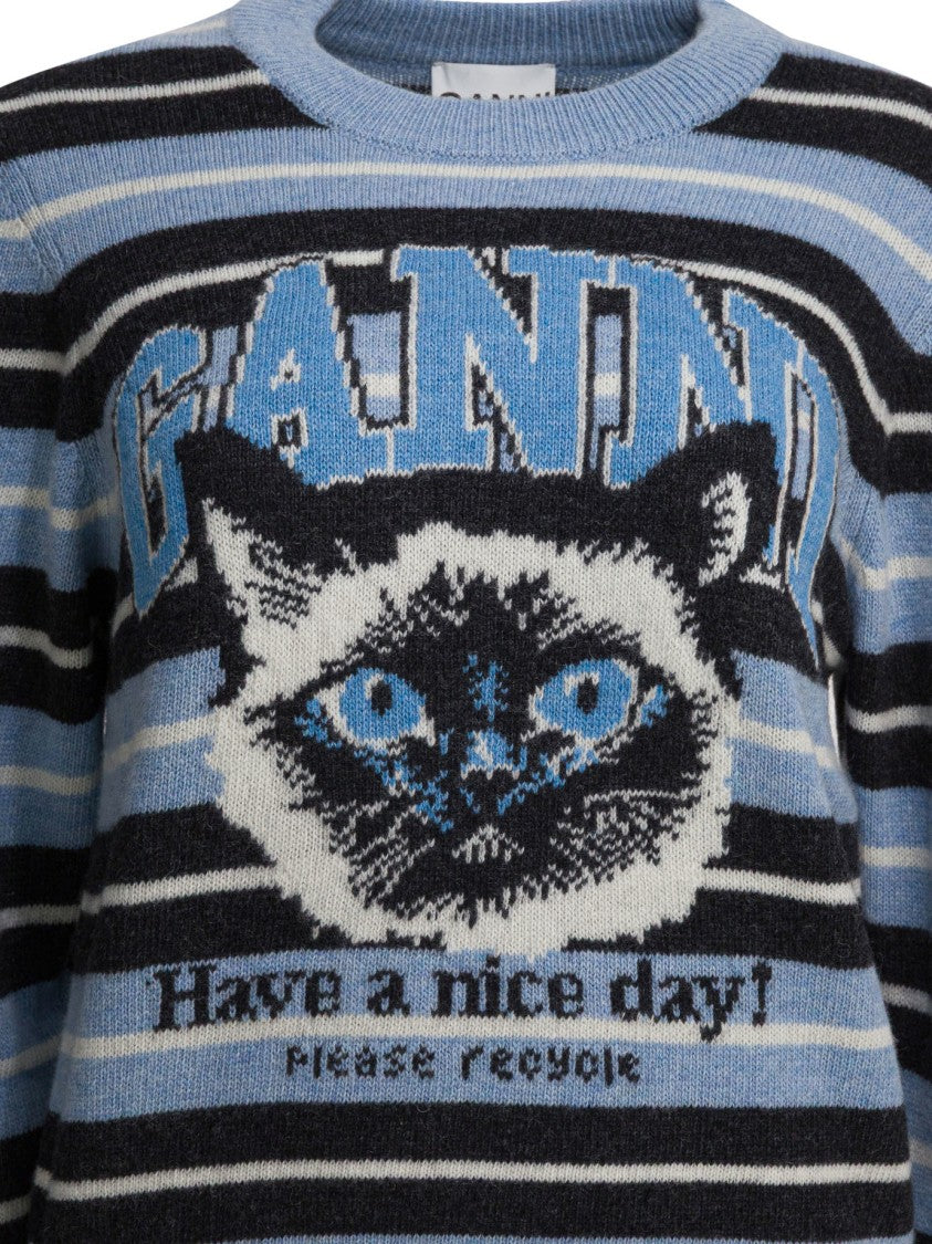 Ganni Graphic Print Wool Sweater With Striped Detailing