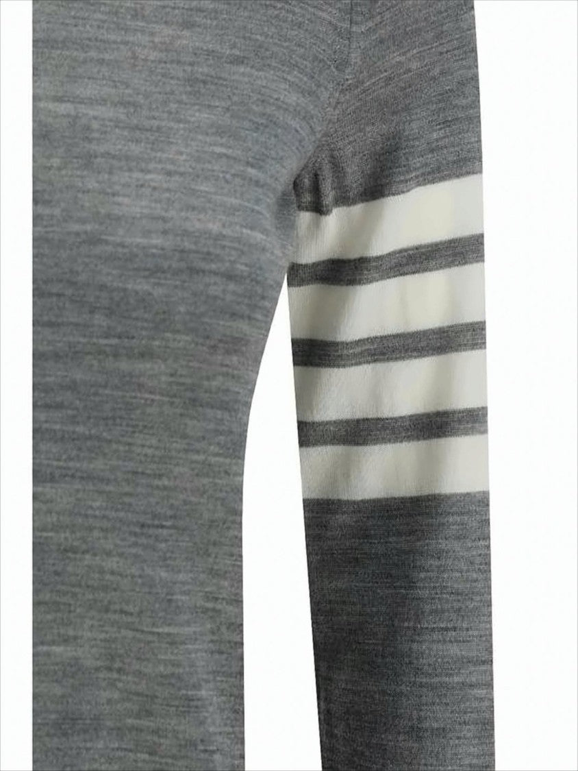 Thom Browne Heathered Grey Knit Sweater With Tricolor Tab And Striped Detail