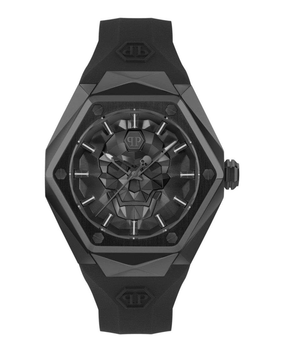 Philipp Plein Bold Black Silicone Watch With Intricate Guilloche Dial