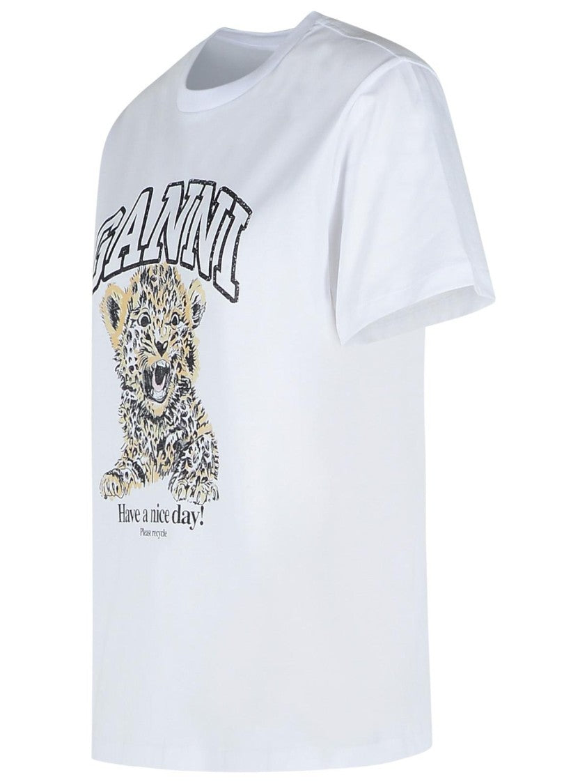 Ganni Leopard' White Cotton T-Shirt
