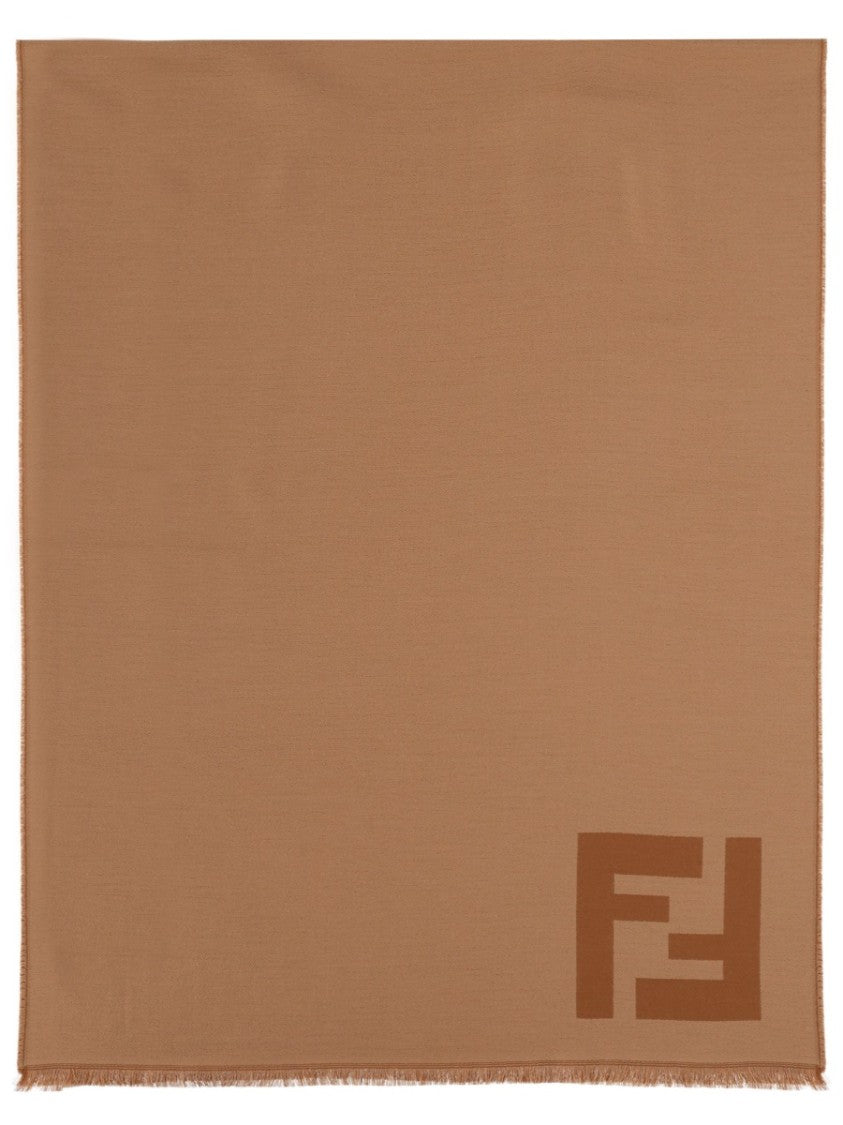 Fendi Camel Brown Fringed Virgin Wool Scarf