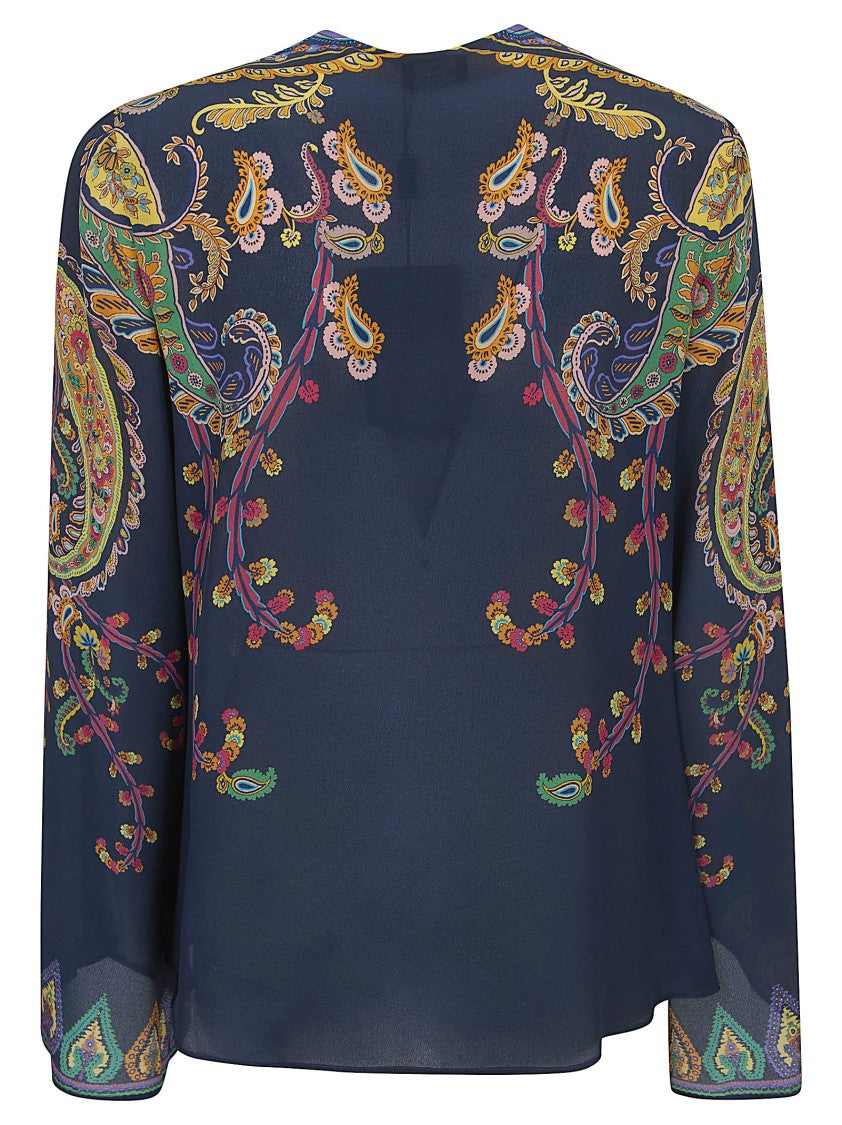 Etro Pure Silk Long Flared Sleeve Crewneck Blouse