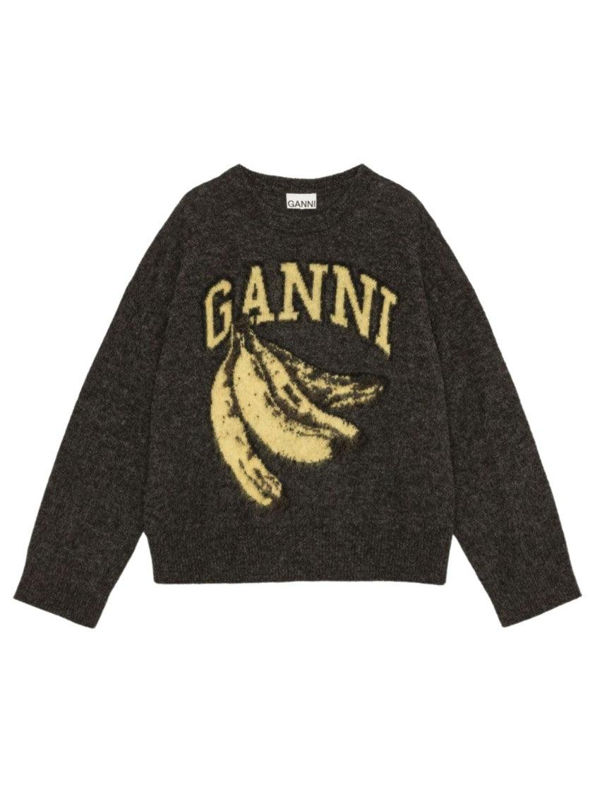 Ganni Cropped Grey Wool Sweater With Embroidered Logo