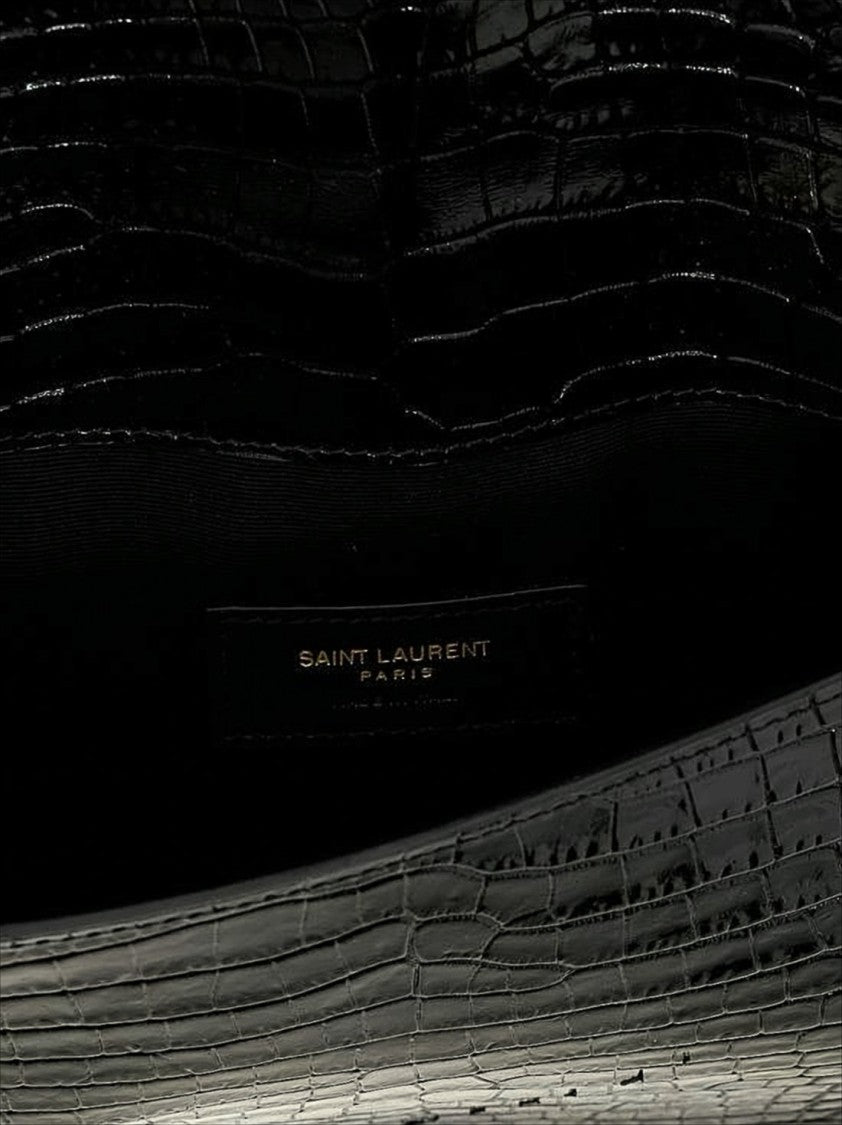 Saint Laurent Crocodile-Embossed Black Calf Leather Clutch
