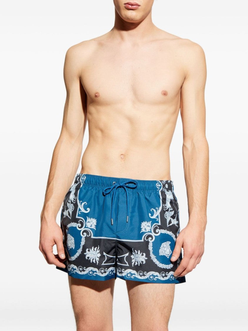 Versace Ornamental Print Swim Shorts With Drawstring Waist