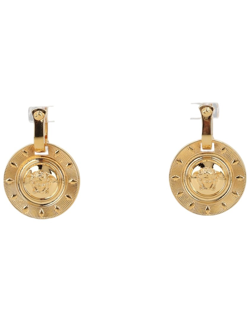 Versace Gold Round Raised Emblem Brass Earrings