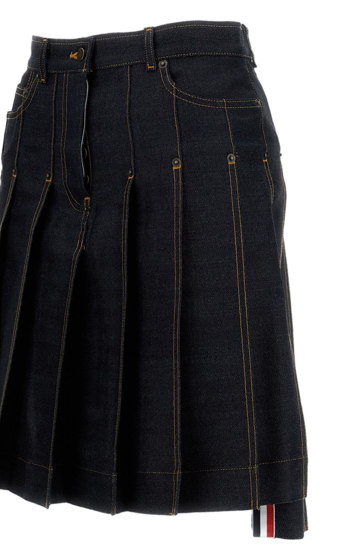 Thom Browne Pleated Skirt In Washed Japanese Selvedge Denim