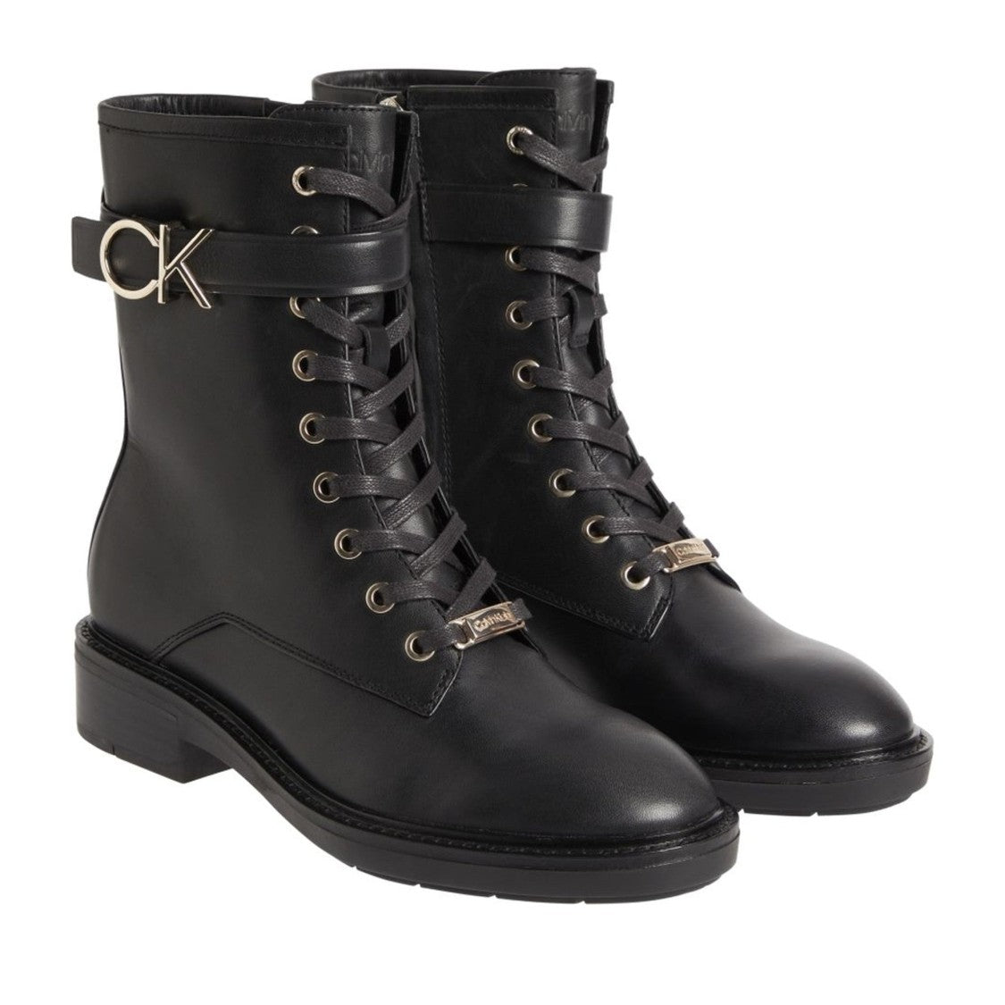 Calvin Klein Black Edgy Metallic Accent Leather Combat Boots