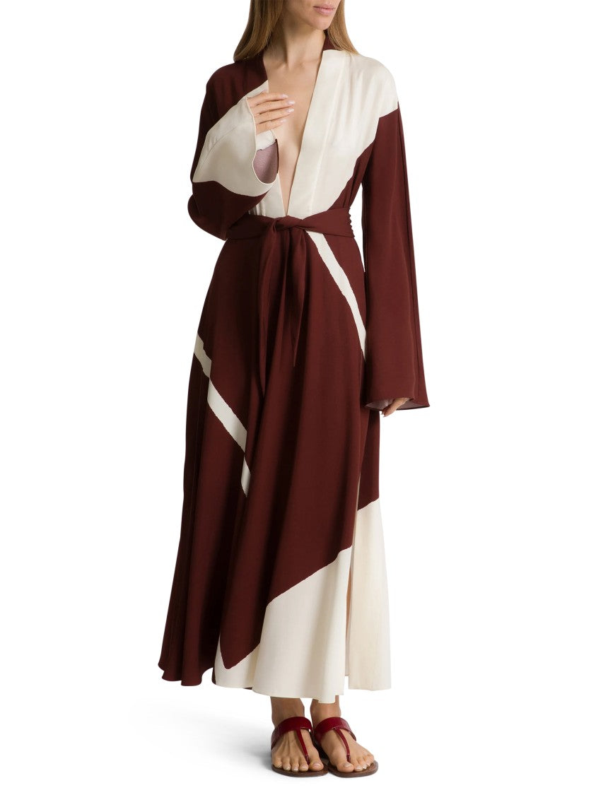 Alberta Ferretti Belted Burgundy Midi Dress With Geometric Color-Block Pattern