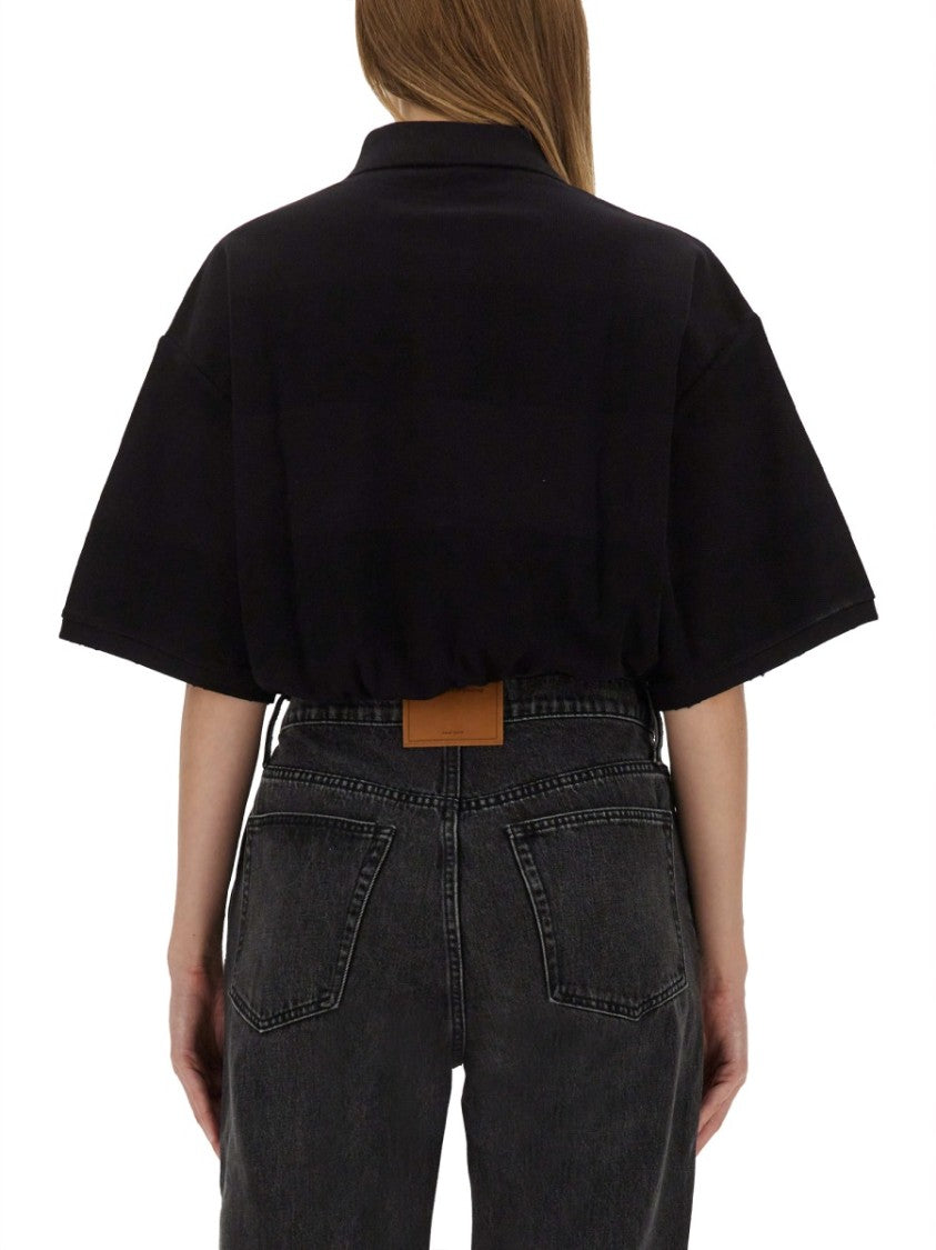 T By Alexander Wang Cropped Black Polo With Drawstring Hem