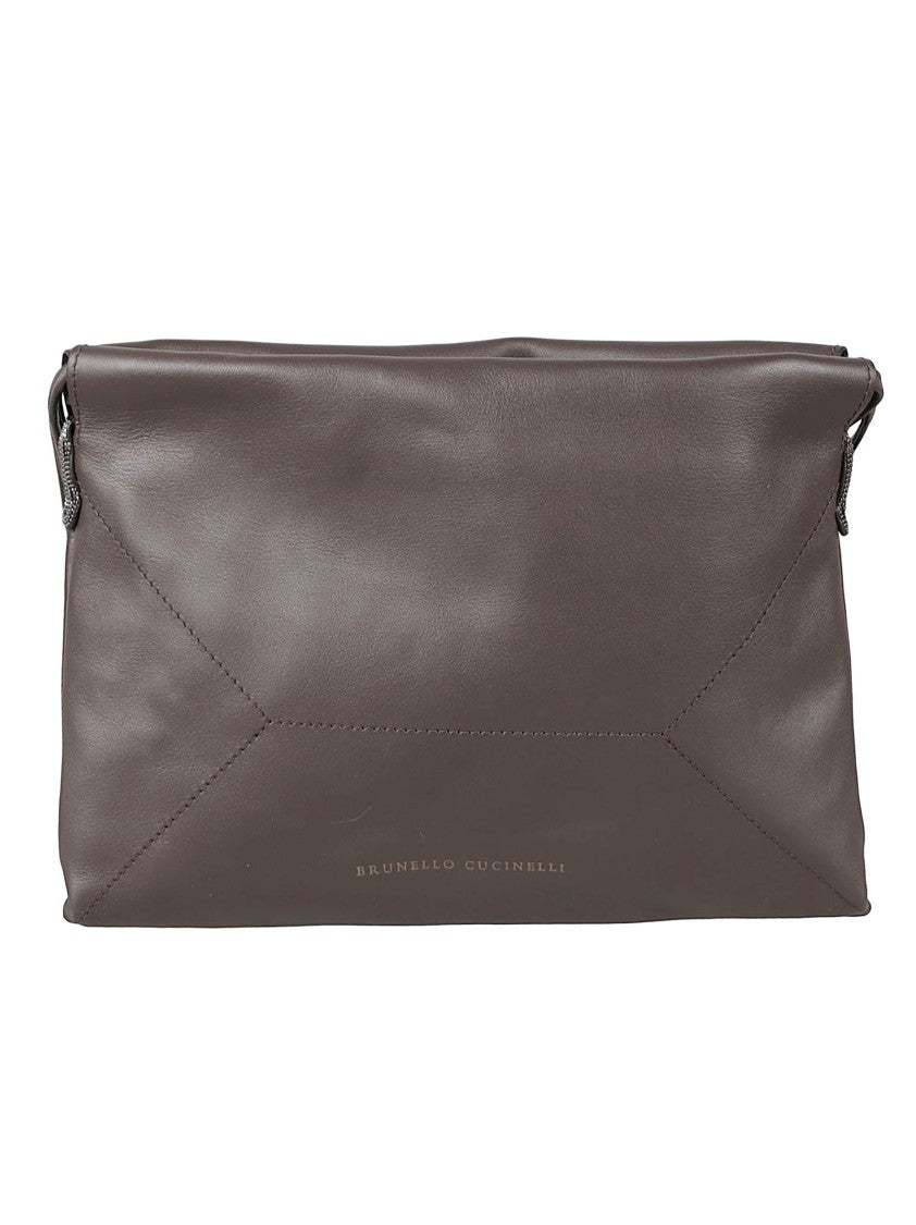 Brunello Cucinelli Rectangular Brown Leather Bag With Geometric Stitching