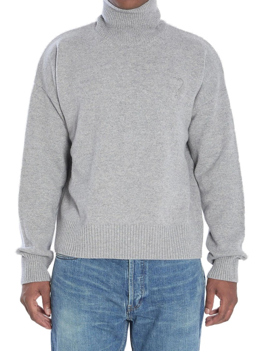 Ami Grey Turtleneck Sweater With Ribbed Detailing