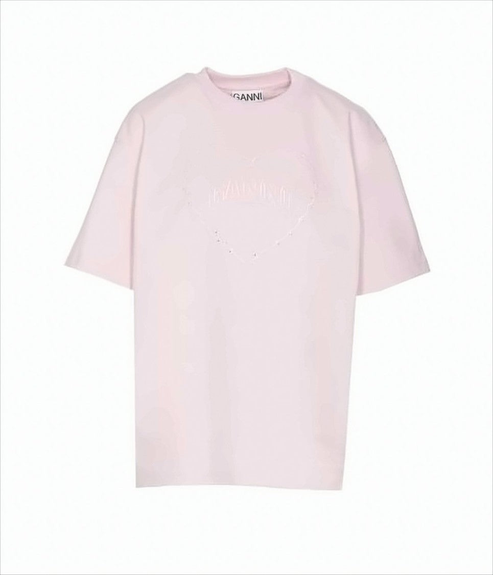Ganni Soft Pink Relaxed-Fit T-Shirt With Heart-Embossed Detail