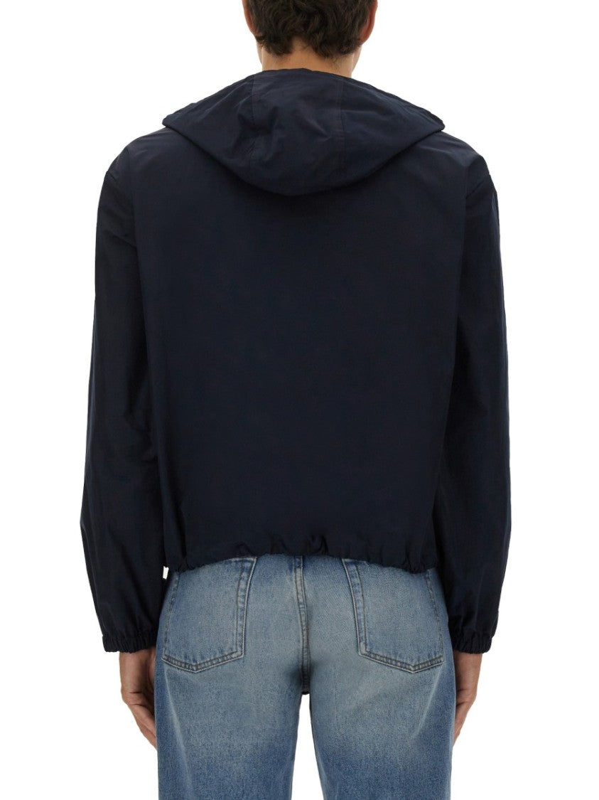 Moschino Hooded Blue Nylon Jacket With Adjustable Hem