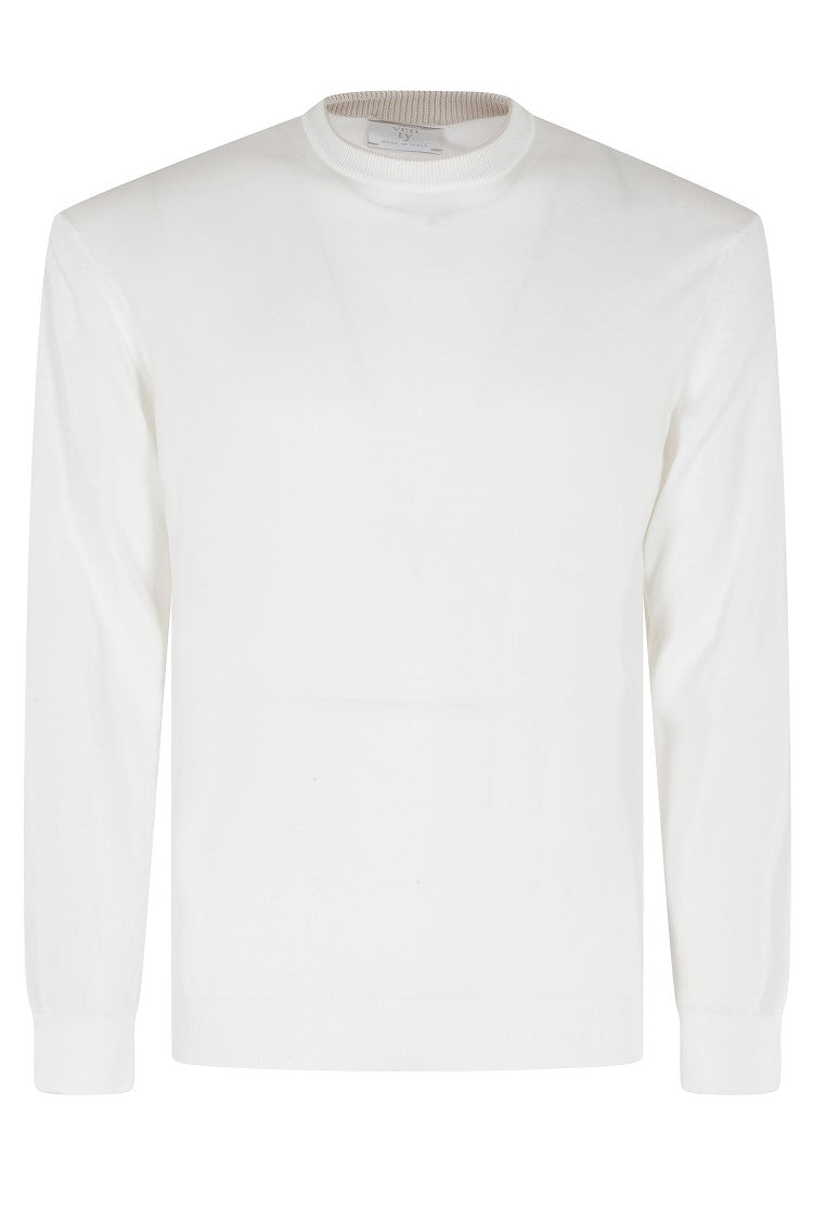 Eleventy White Beige Crewneck Long-Sleeve Cotton Sweater