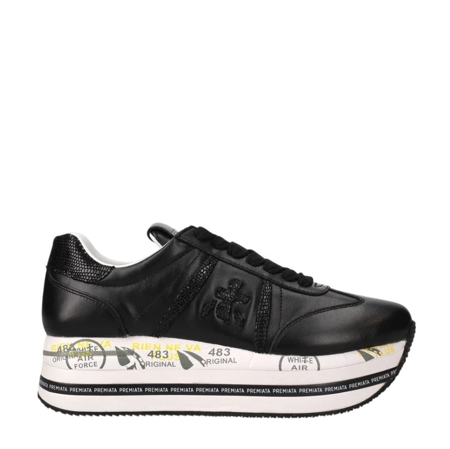 Premiata Black Leather Platform Sneakers With Textured Detailing