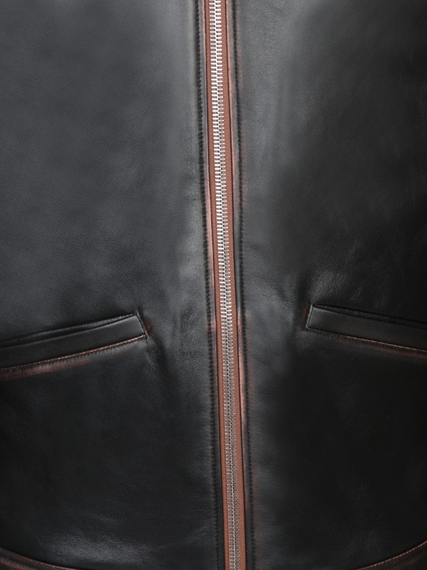 Paul Smith Distressed Brown Leather Jacket With Central Zipper And Side Pockets