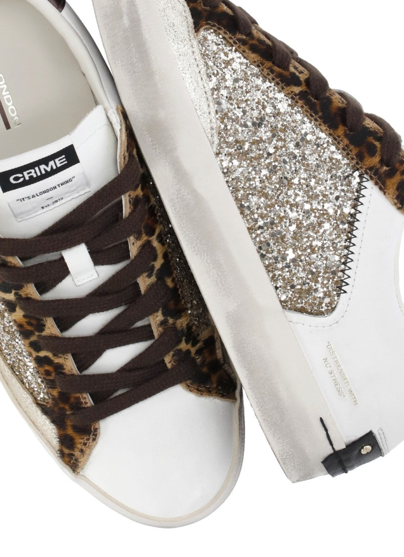 Crime London White Glitter Animal Print Leather Sneakers