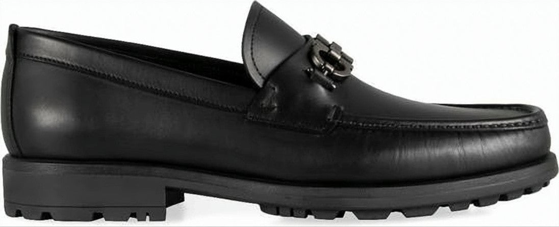 Salvatore Ferragamo Black Leather Loafers With Metallic Buckle