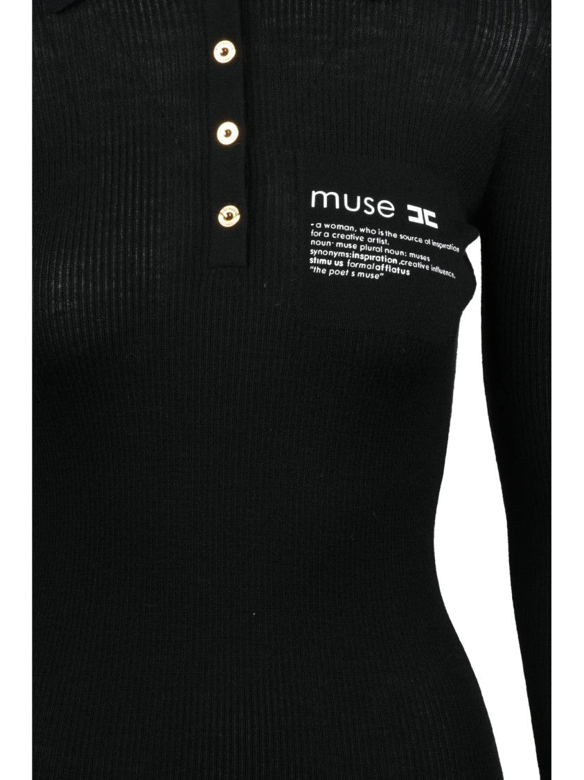 Elisabetta Franchi Black Wool-Blend Fitted Polo Knit