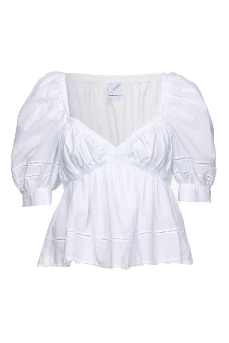 Pinko Cropped White Top Puffed Sleeves Neckline