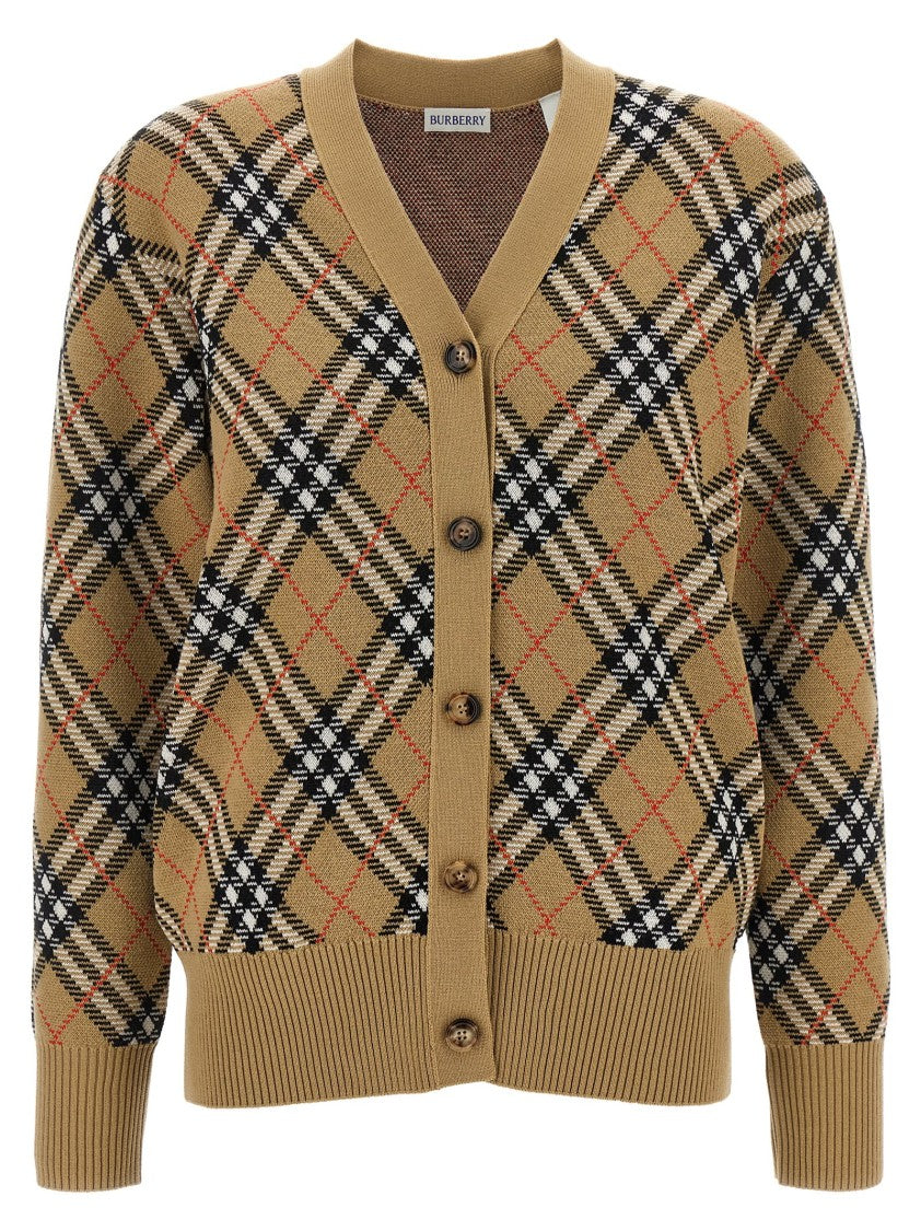 Burberry Check Print Wool Cardigan With V-Neckline