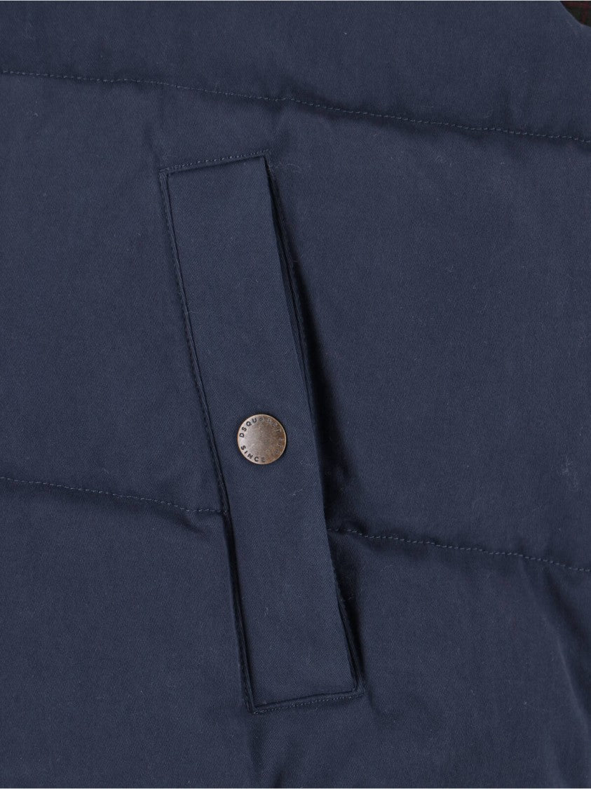 Dsquared2 High Collar Navy Puffer Jacket With Contrast Logo And Multicolor Heritage Lining