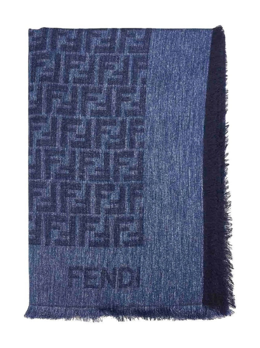 Fendi Denim Blue Cotton And Wool Shawl