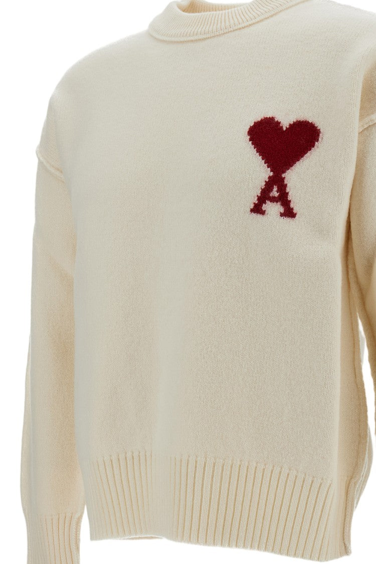 Ami Paris White Heart Intarsia Felted Merino Wool Sweater
