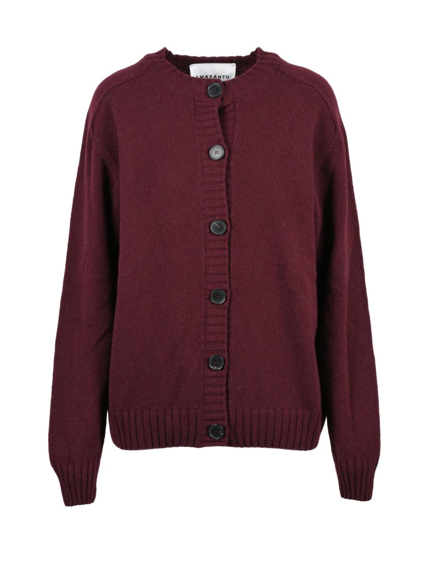 Amaranto Red Crewneck Button-Down Wool-Cashmere Cardigan