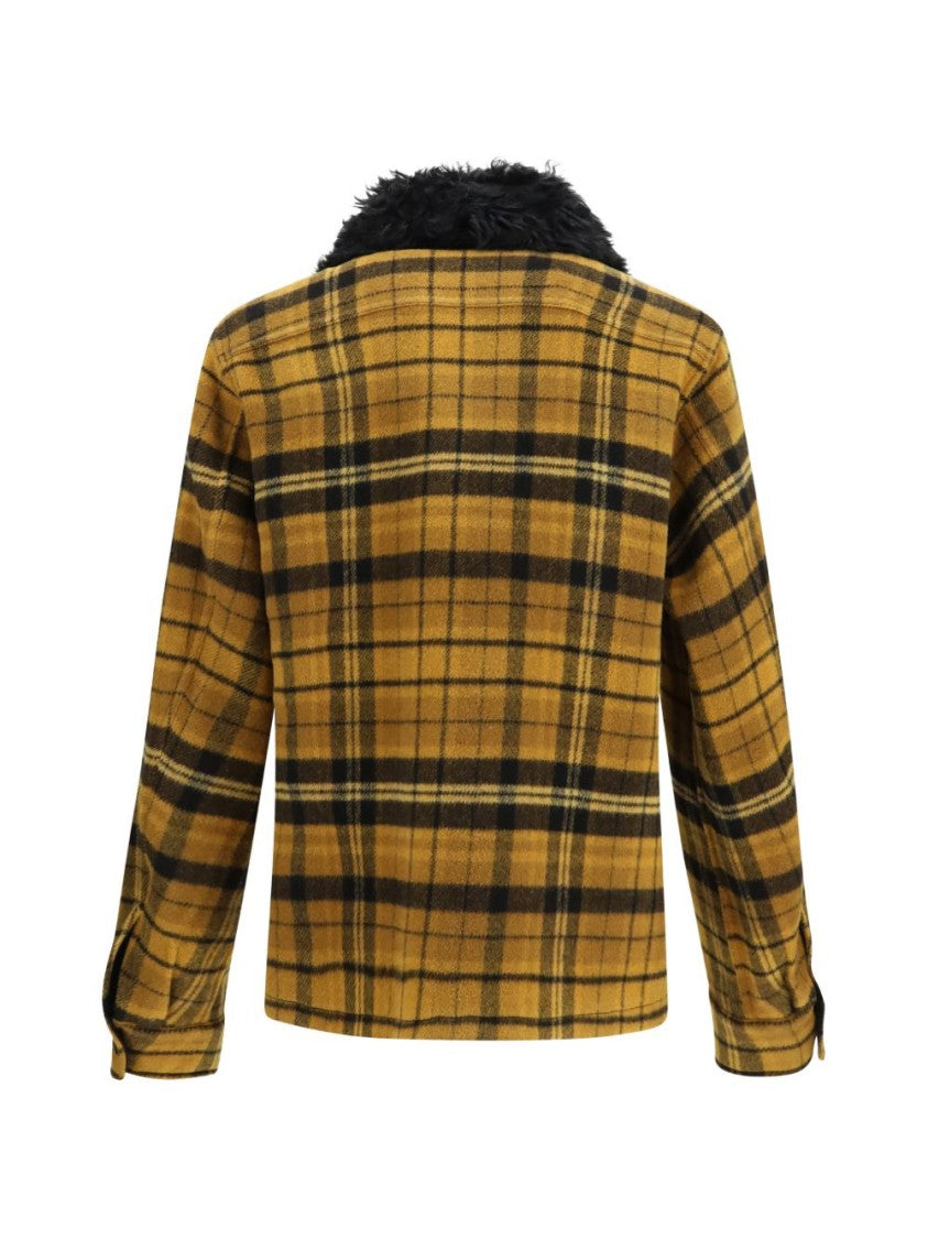 Fendi Yellow Black Plaid Shearling Collar Jacket