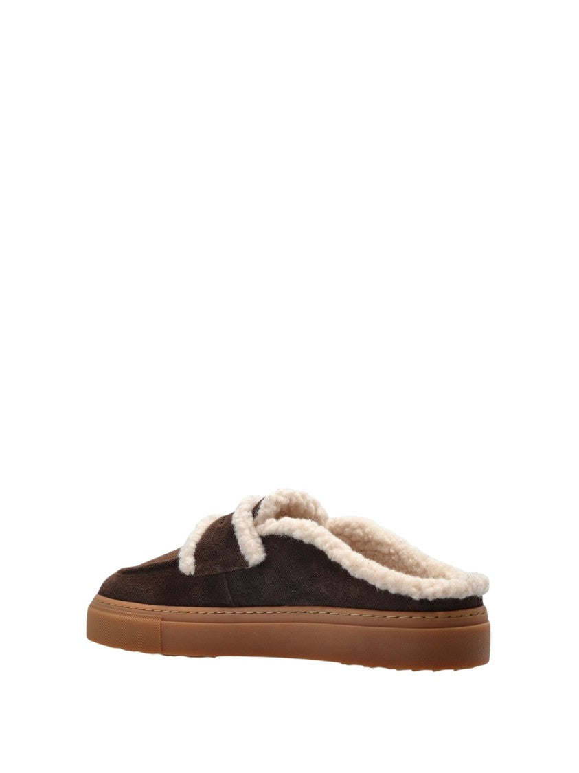 Inuikii Brown Suede Mules With Shearling Trim And Lambswool Lining