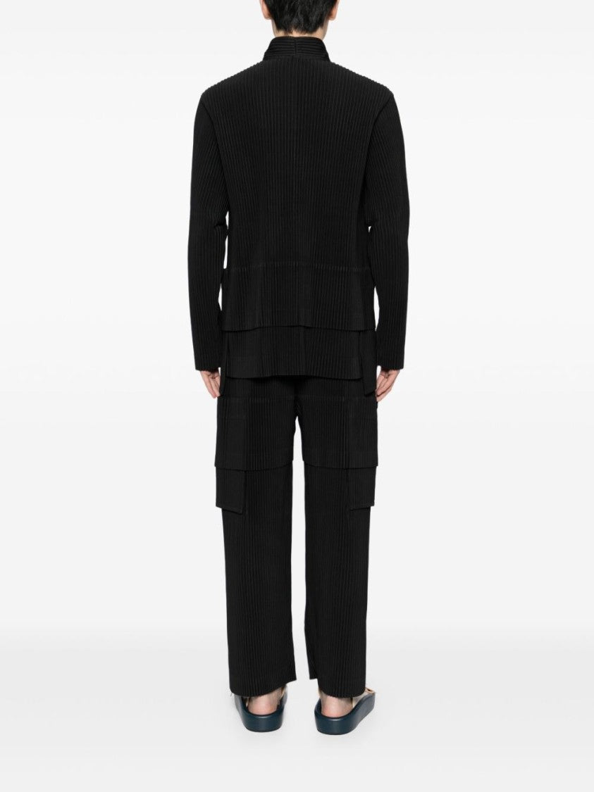 Homme Plissé Issey Miyake Textured Black Shirt With Stand Collar