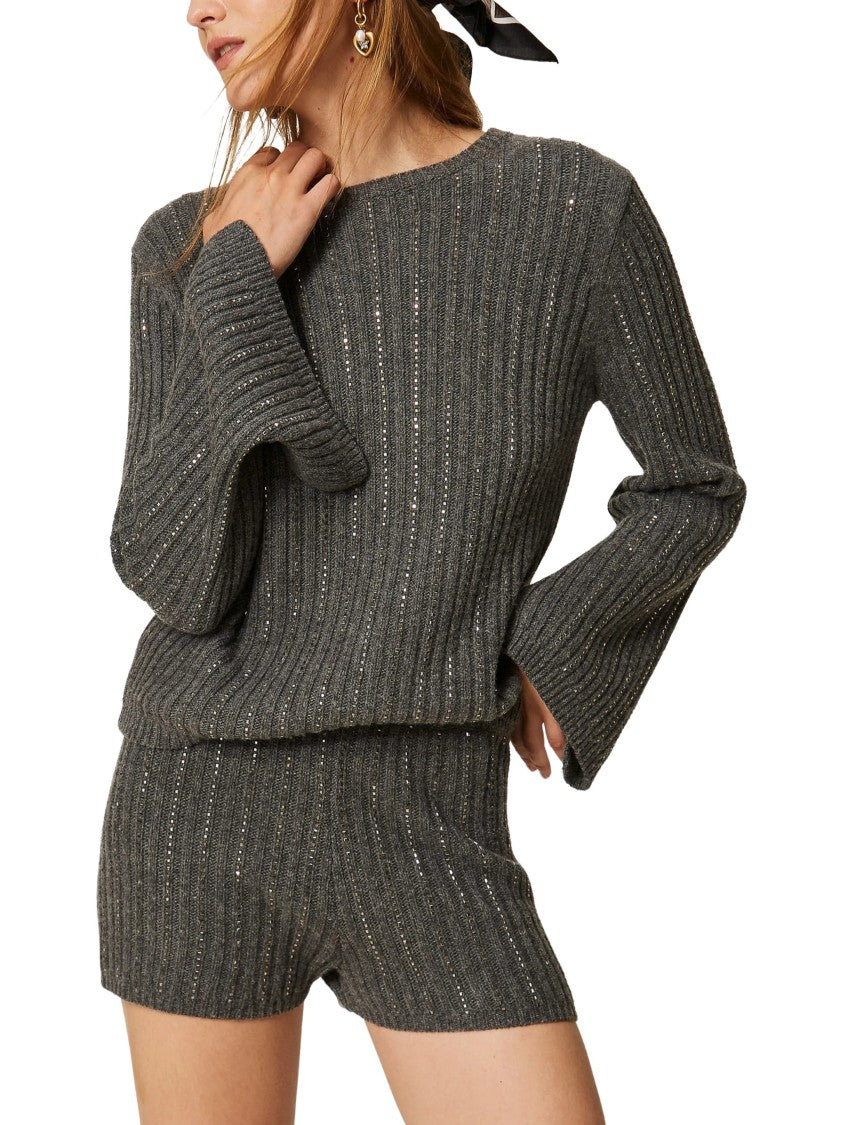 Twin-Set Ribbed Knit Top With Rhinestone Embellishment And Flared Cuffs