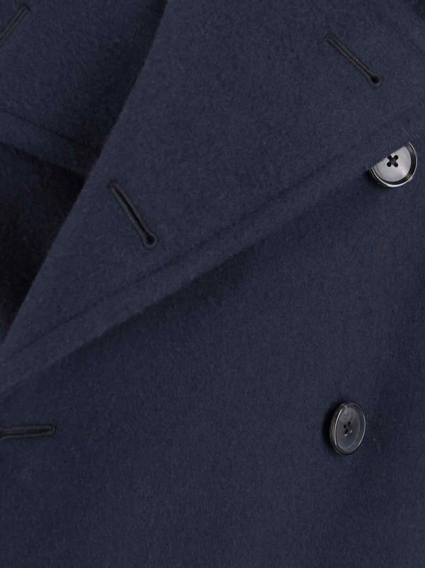 Caruso Navy Blue Double-Breasted Wool Coat With Classic Lapel