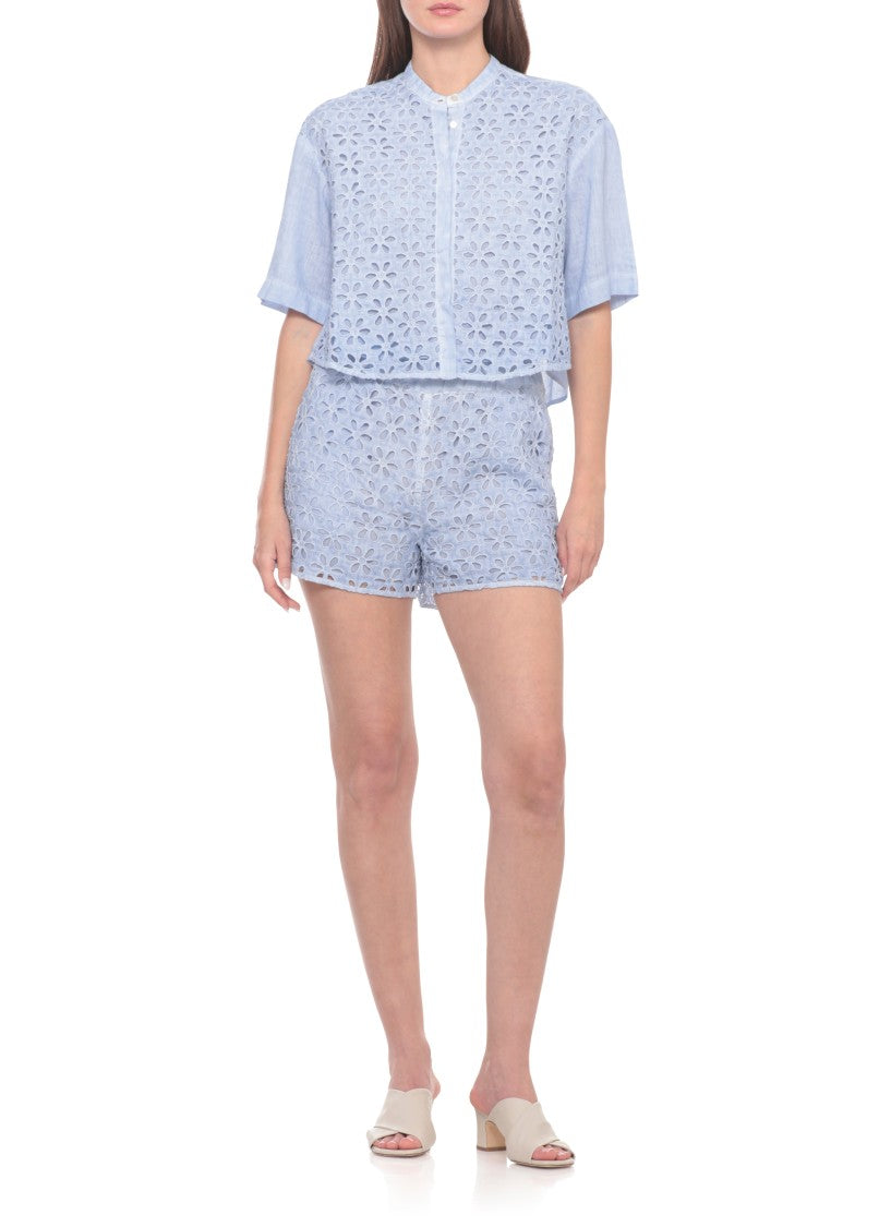 120% Lino Light Blue Floral Lace Linen Shorts