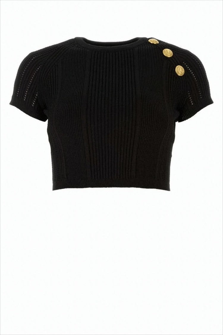 Balmain Cropped Short-Sleeve Knit Top With Decorative Gold Buttons
