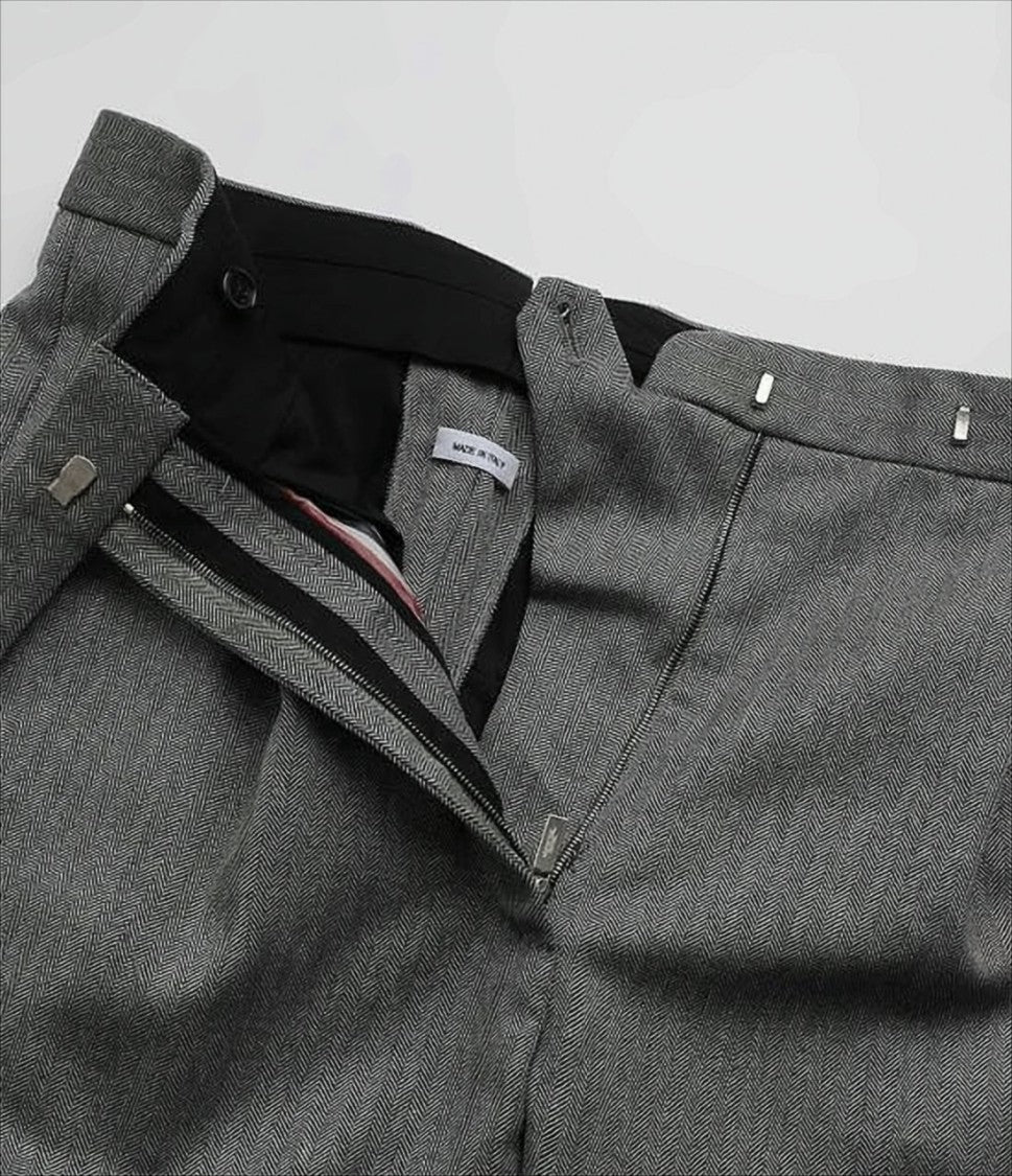 Thom Browne Tailored Grey Herringbone Wool Pants With Cuffed Hems