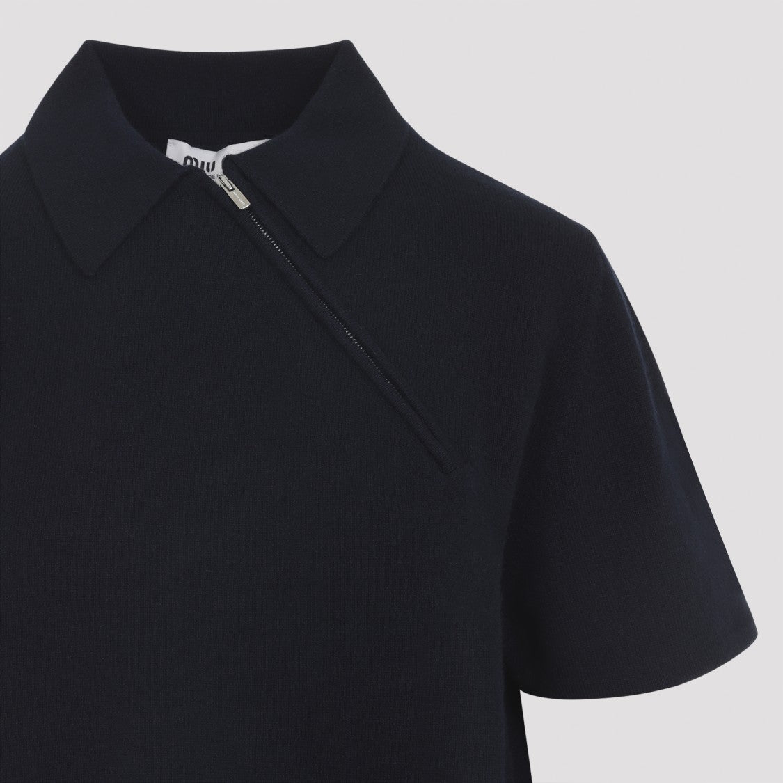 Miu Miu Diagonal-Zip Blue Cashmere Polo With Straight Hem