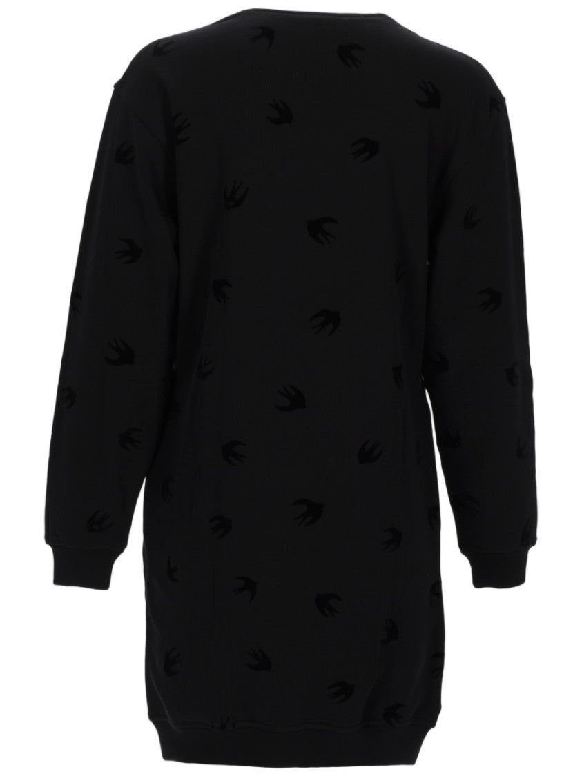 Alexander Mcqueen Black Sweatshirt Dress With Bird Silhouette Pattern